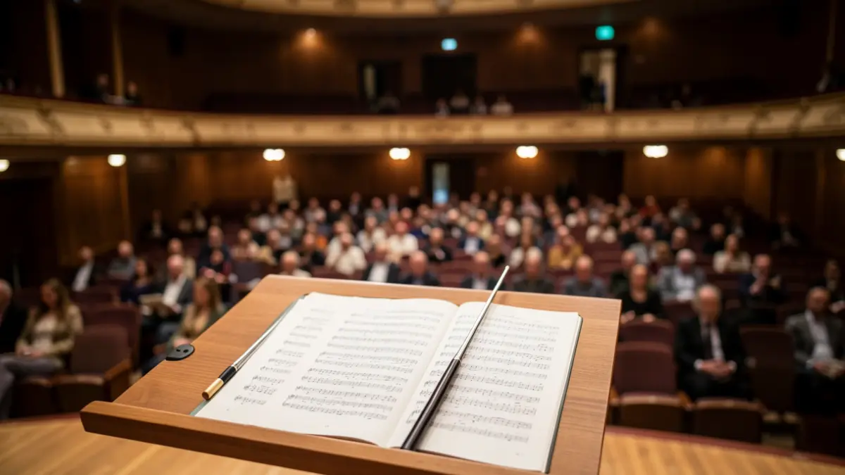 Generic image of a music stand with sheet music in an empty concert hall.