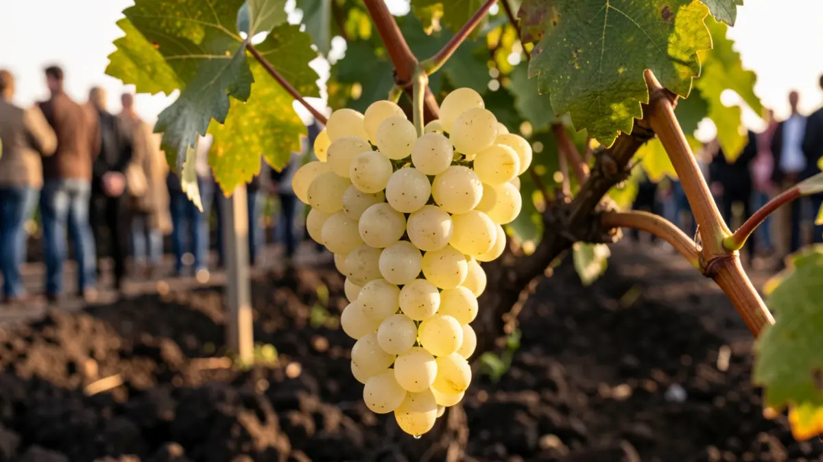 Uvas blancas maduras en una vid en Gran Canaria.