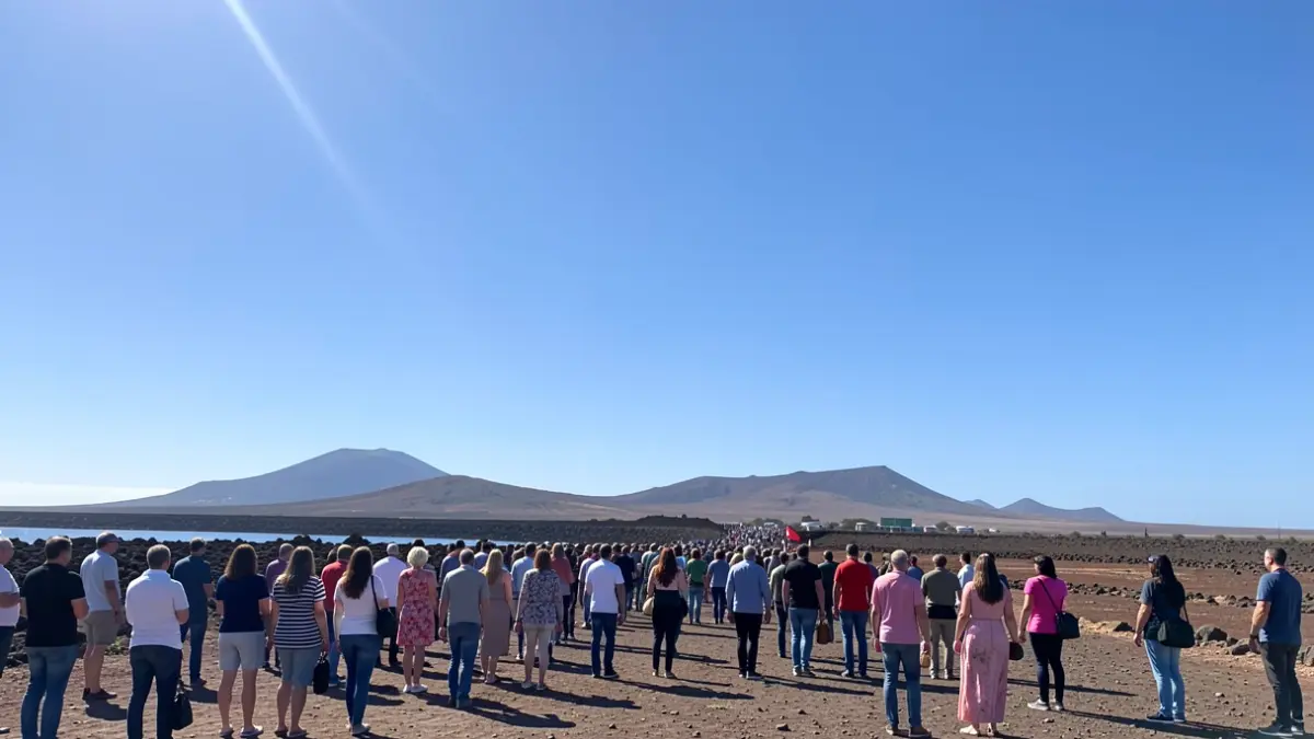 Clear and sunny sky over Arrecife, Lanzarote, with the volcanic landscape in the background.