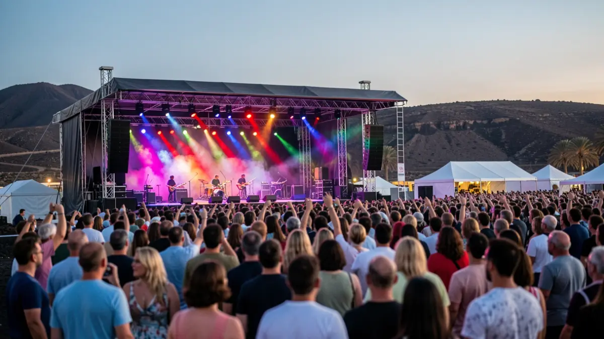 Scene of an outdoor music festival in Arrecife, Lanzarote, with stage lights and a blurred audience.