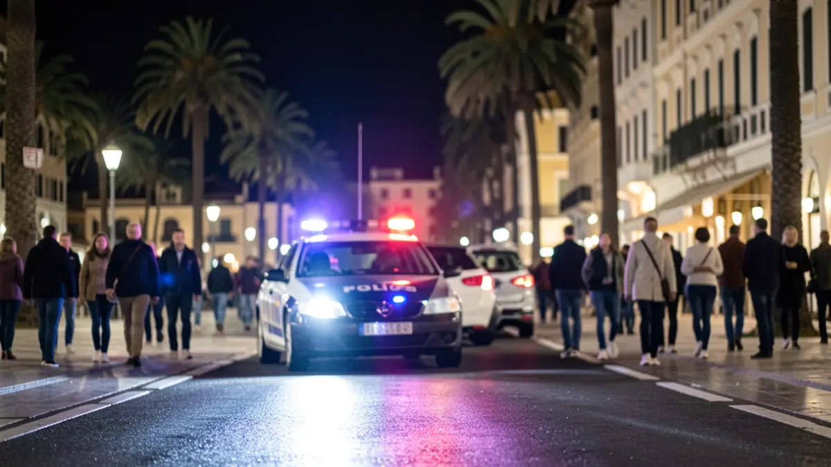Generic image of police lights reflecting on wet asphalt at night.