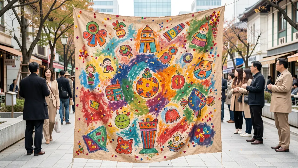Tapiz efímero de tierras naturales y pétalos de flores con motivos infantiles culturales.