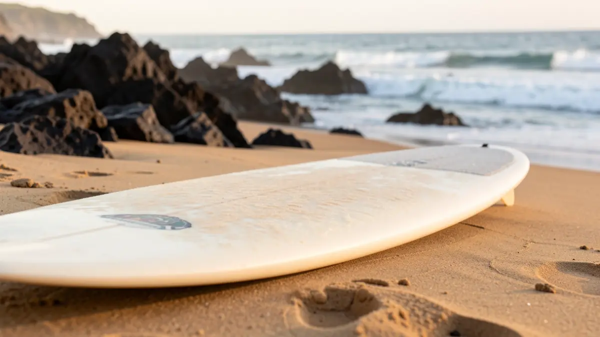 Surfboard on the sand with volcanic rocks in the background on the coast of Gran Canaria.