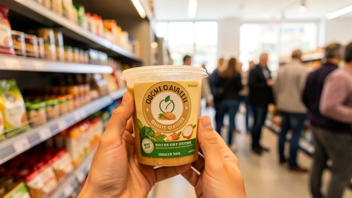 Generic image of a local product with a quality seal in a retail environment.