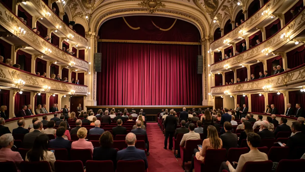 Imagen genérica de un teatro vacío con asientos de terciopelo rojo e iluminación cálida.