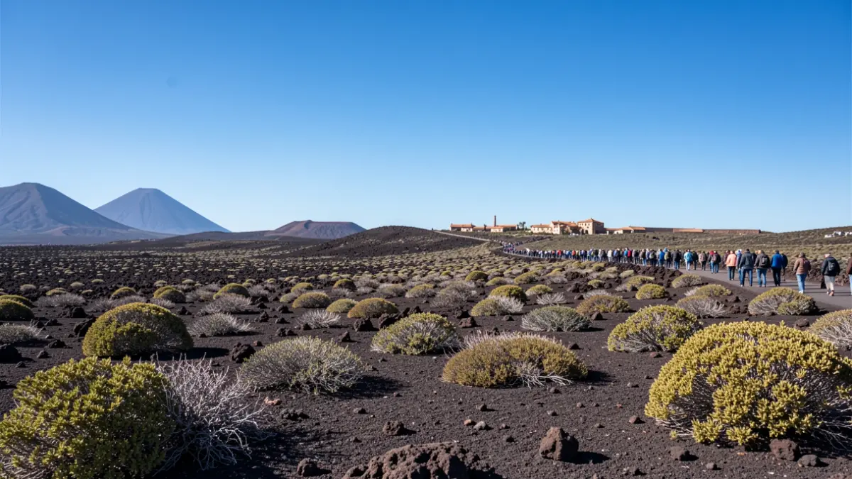 Paisaje genérico de Canarias con terreno árido y arquitectura tradicional a lo lejos.
