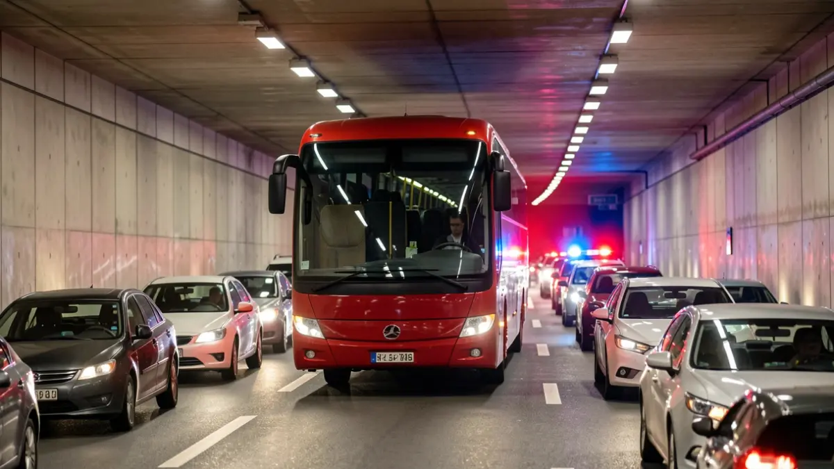 Imagen de una guagua averiada en un túnel de Las Palmas de Gran Canaria provocando retenciones.