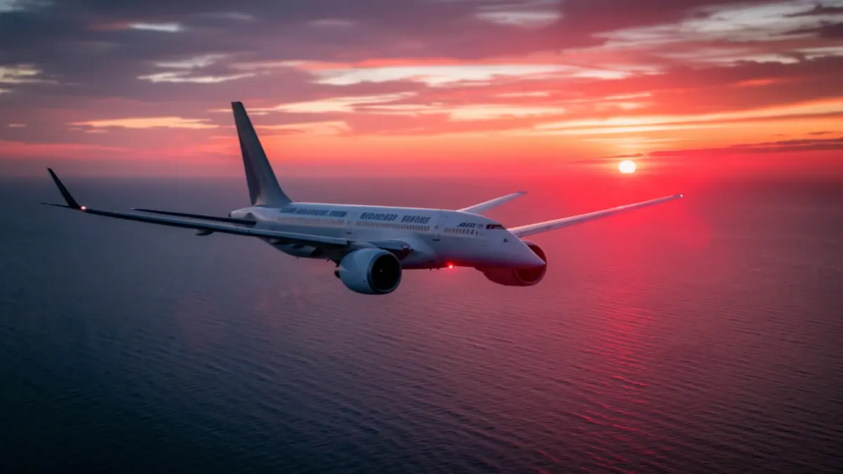 Commercial airplane flying over the Atlantic Ocean at sunset, with a subtle red glow indicating an emergency.