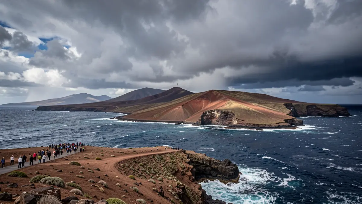 Generic image of a Canarias volcanic landscape with rough sea and storm clouds.
