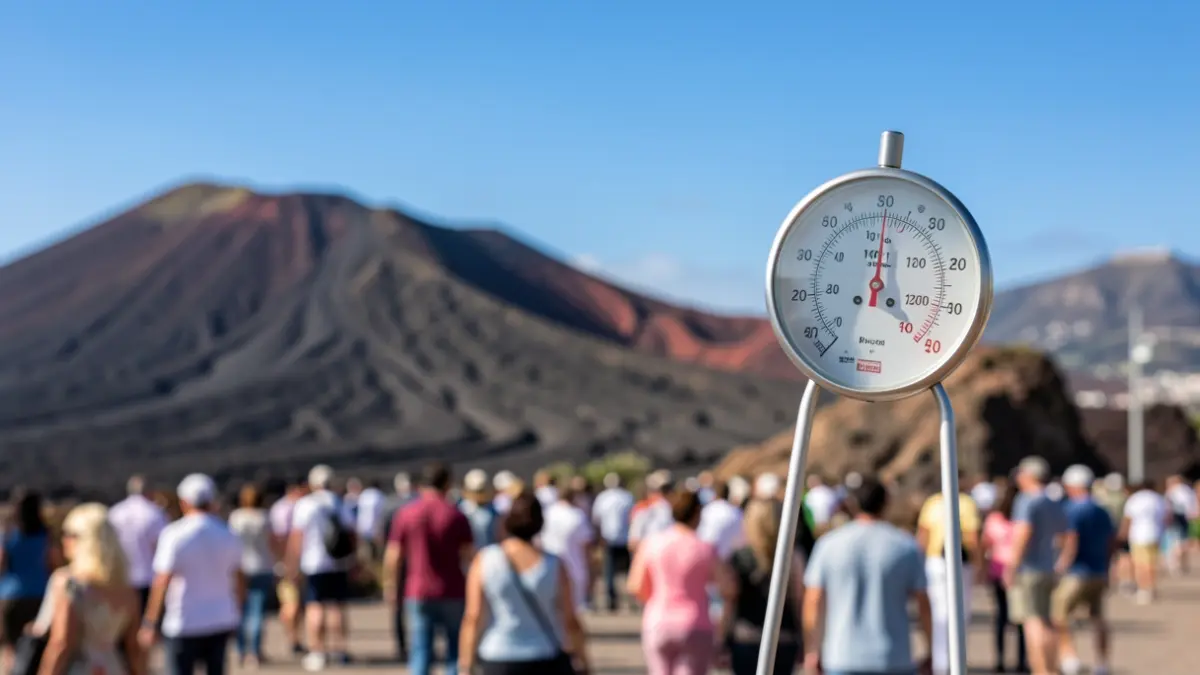 Termómetro mostrando alta temperatura con paisaje volcánico canario de fondo.