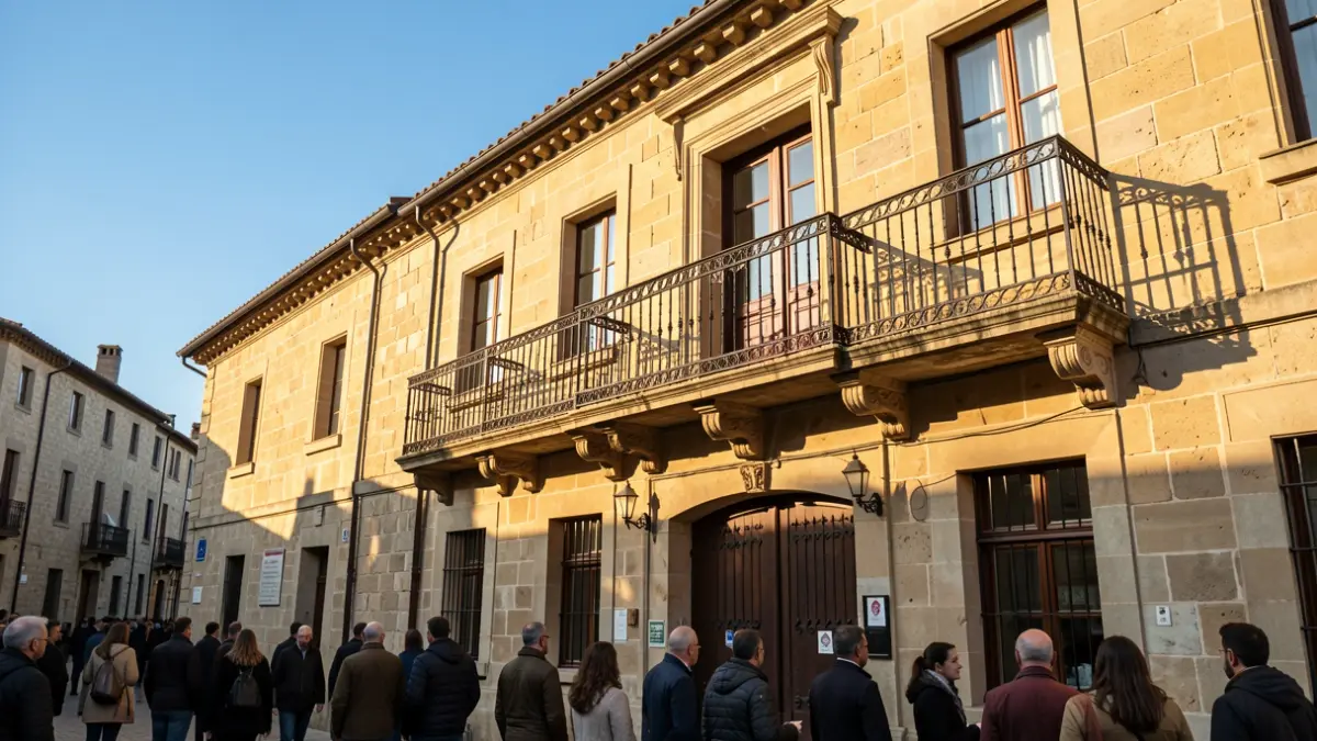 Facade of a traditional Canarias town hall with balcony and iron railings, warm afternoon light.