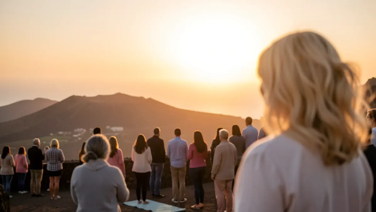 Symbolic image of social support and health recovery in the Canary Islands, featuring elements of yoga and oncology wigs.