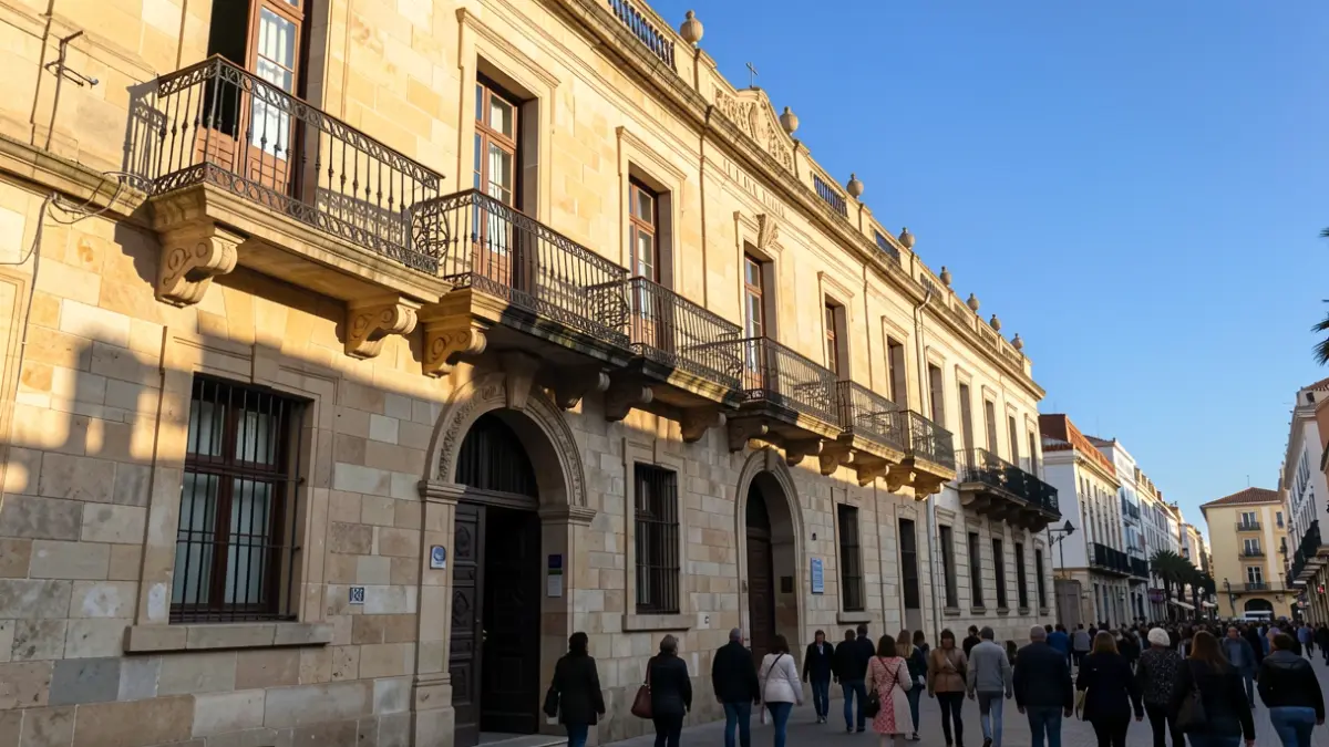 Fachada del Ayuntamiento de Santa Cruz de Tenerife con balcón y barandillas de hierro, bajo la luz del sol de la tarde.