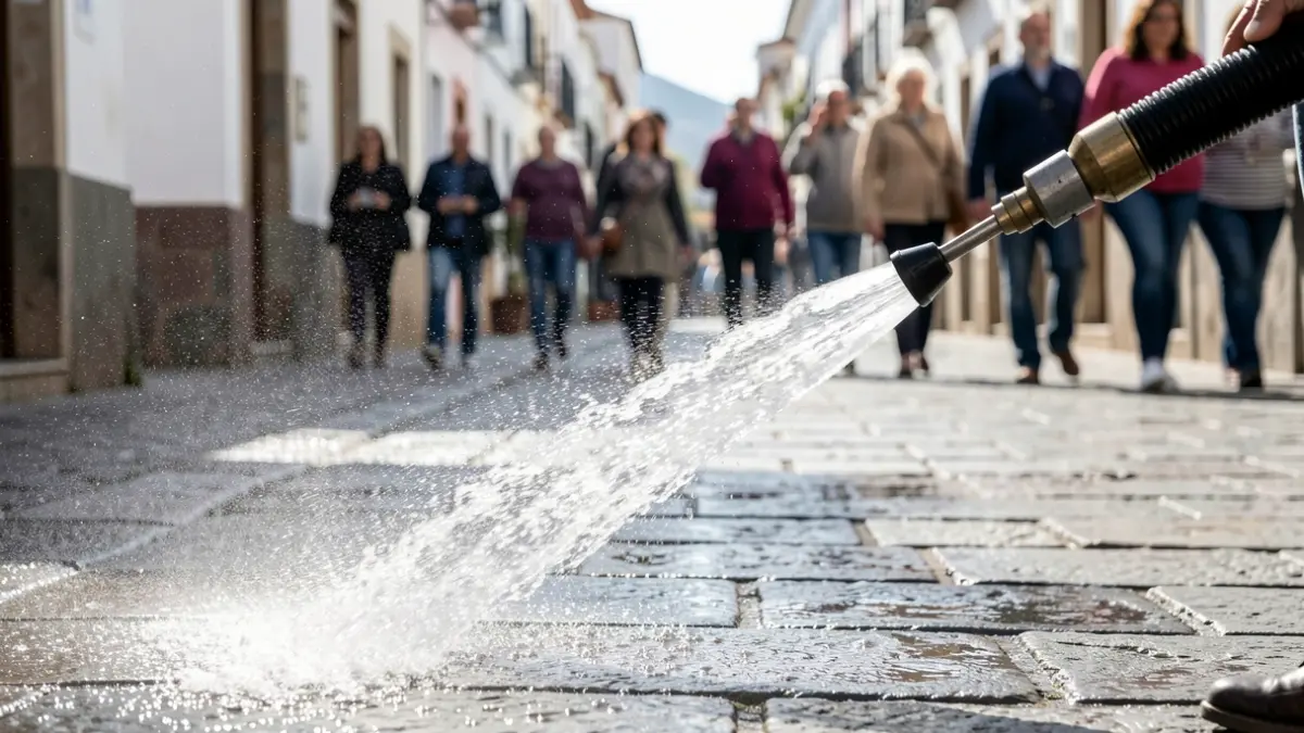 Generic image of urban cleaning works using high-pressure water on a street.
