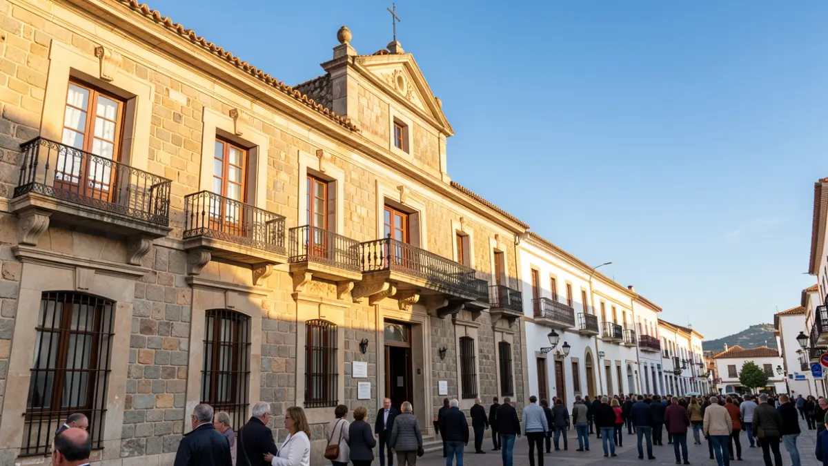 Stone facade of a Canarias town hall with a balcony in the afternoon sun.