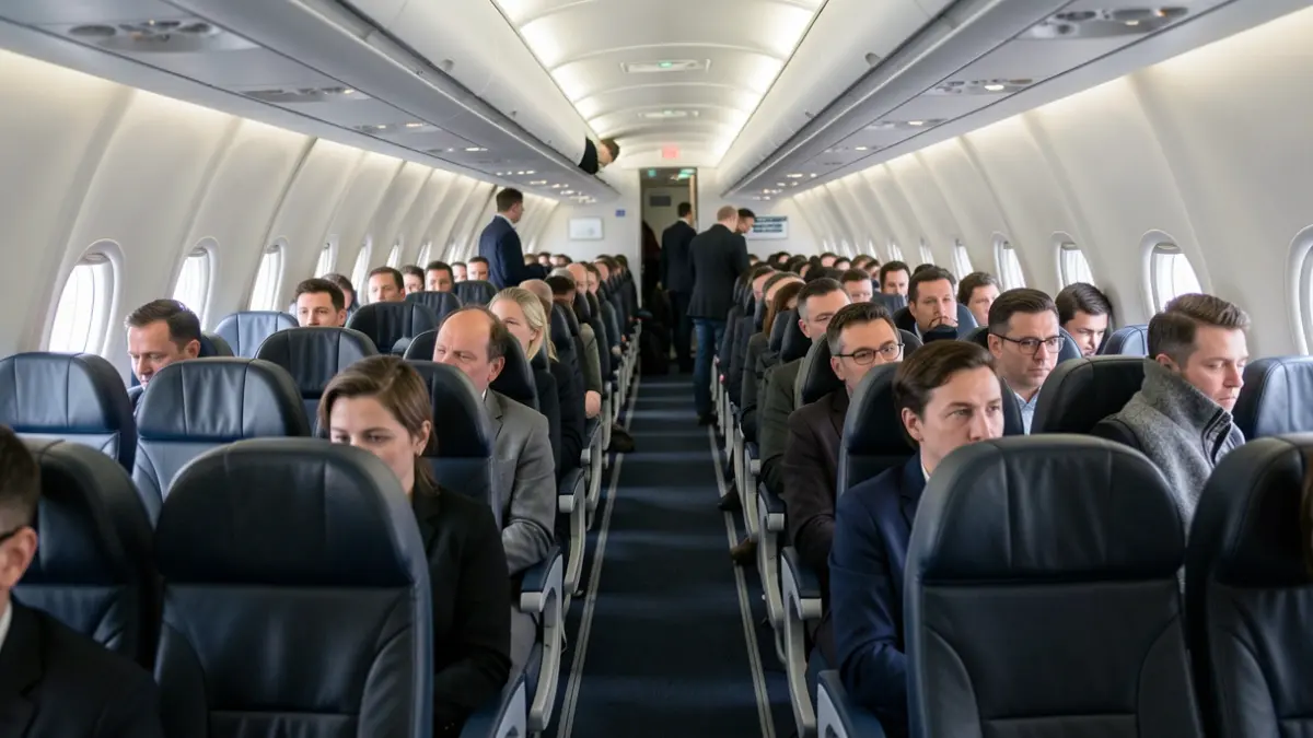 Generic image of the interior of an airplane with empty seats.