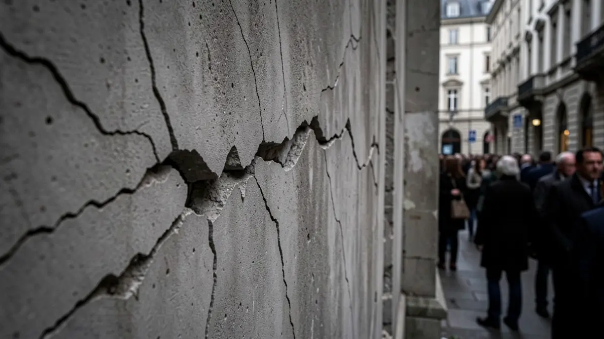 Image of cracks in a concrete wall with structural damage.