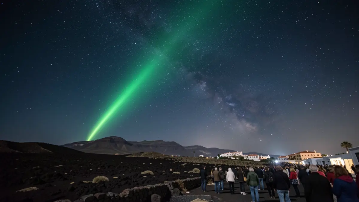Imagen genérica de un bólido verde cruzando el cielo nocturno sobre un paisaje volcánico.
