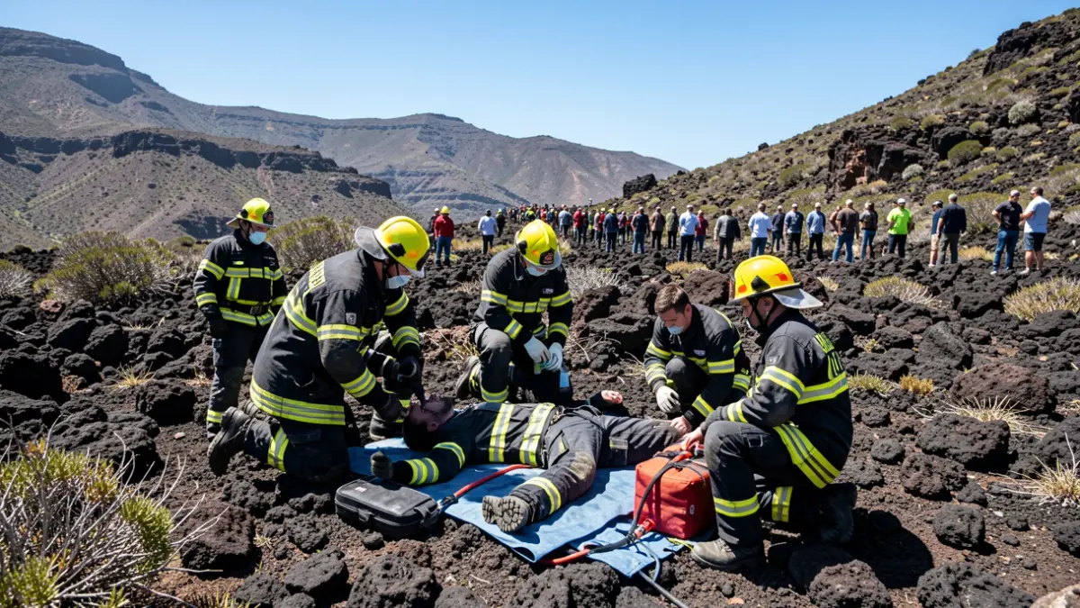 Forest firefighters practicing first aid techniques on rugged terrain in La Palma.