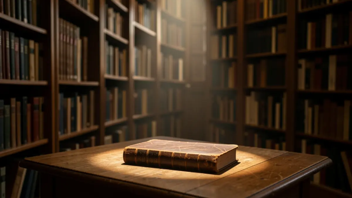 Imagen genérica de una biblioteca antigua con estanterías llenas de libros y un rayo de luz.