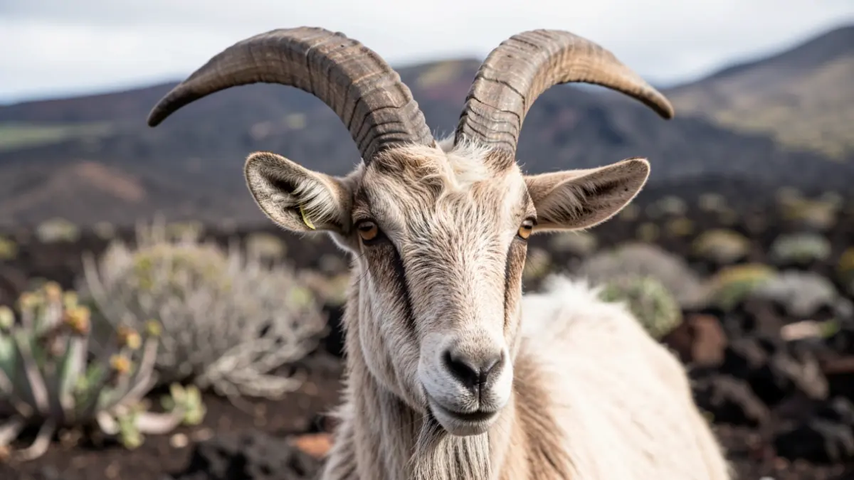 Close-up of a goat's head with ancient horns, with a blurred Canary Islands volcanic landscape in the background.