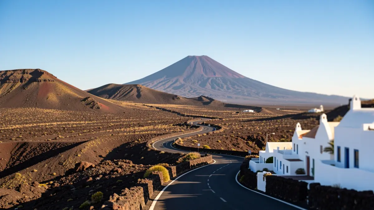 Imagen genérica de un paisaje volcánico de Canarias con arquitectura tradicional.