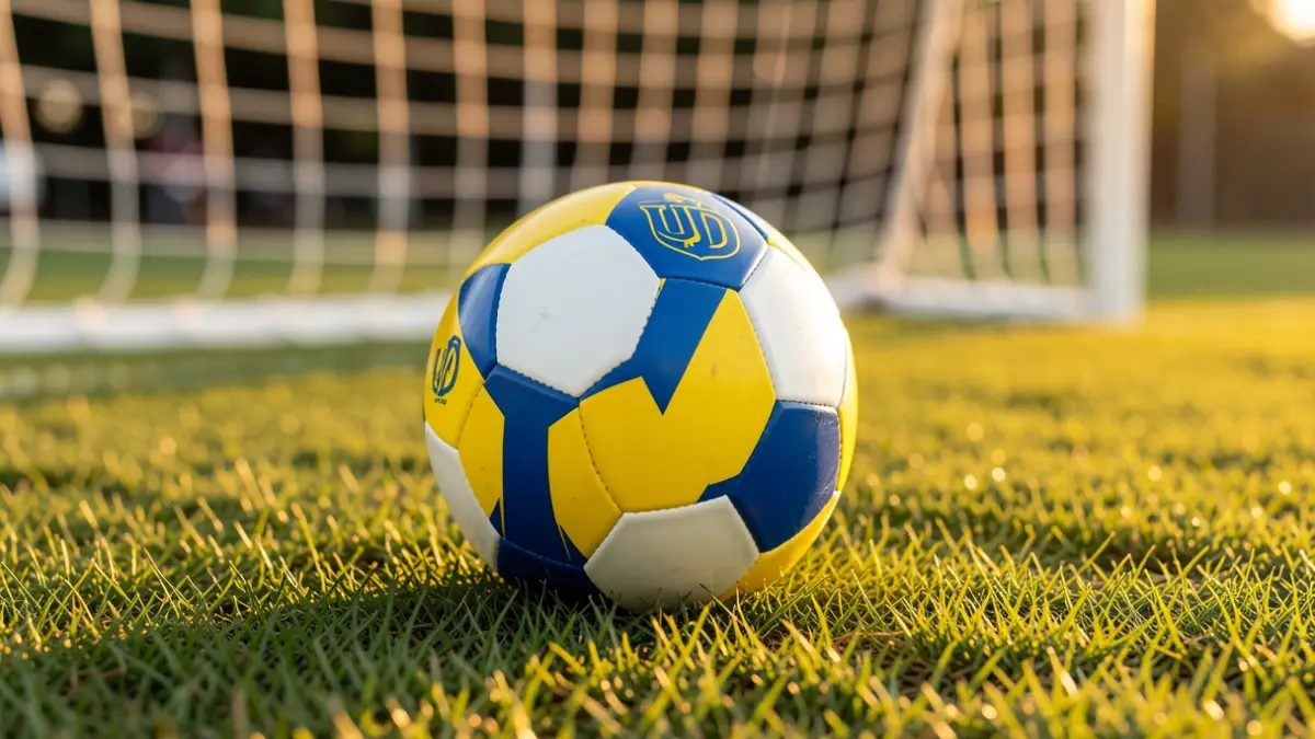 Generic image of a soccer ball on grass with the goal net blurred.