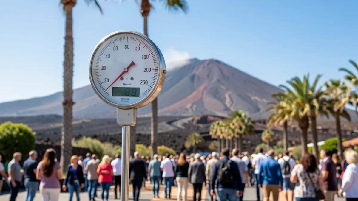 Thermometer showing high temperature with sunny sky and volcanic landscape of the Canary Islands.