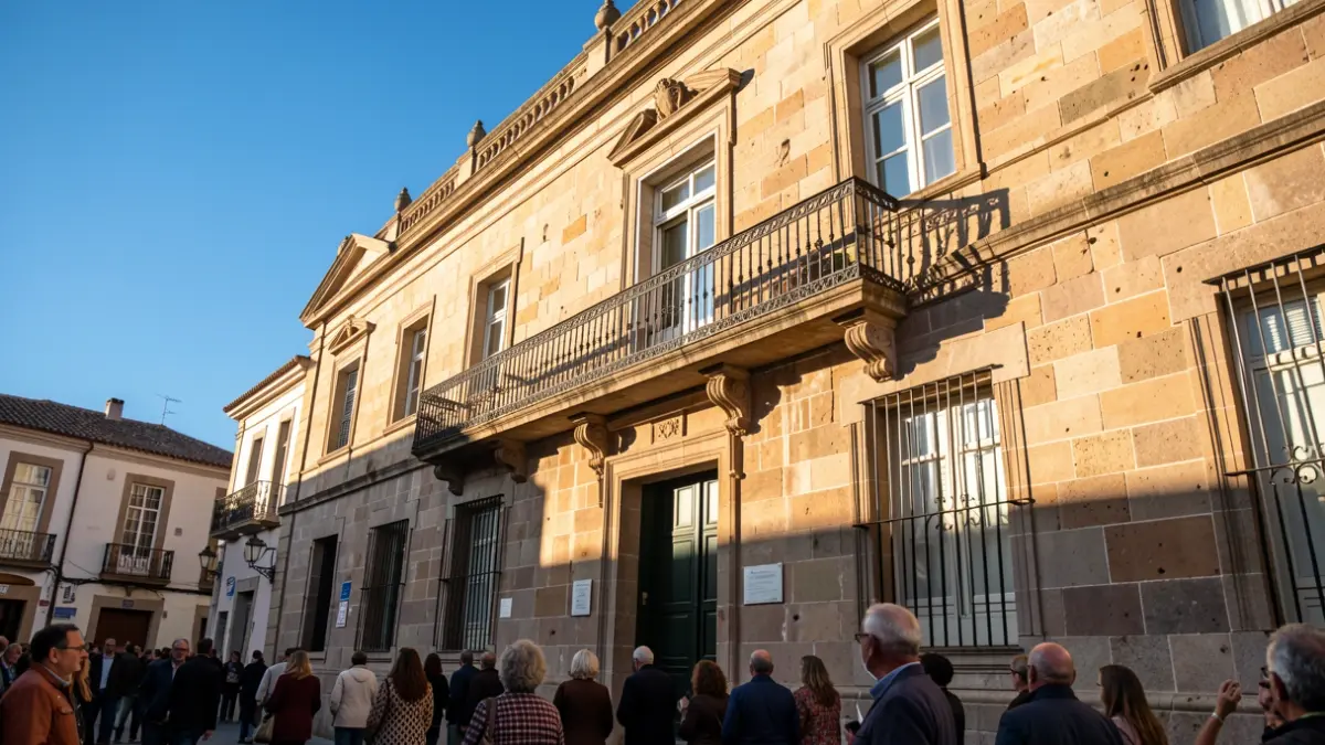 Fachada de un ayuntamiento canario con balcón y barandillas de hierro, luz de sol de la tarde.