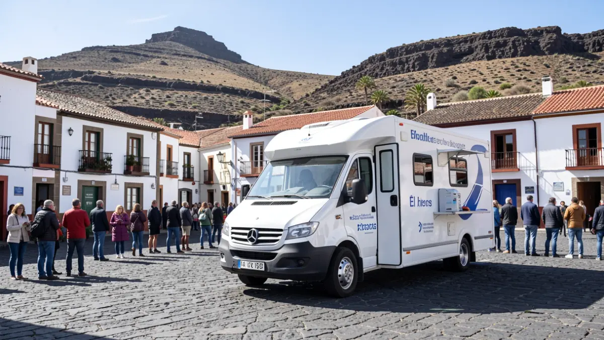 Unidad móvil de donación de sangre en una plaza de El Hierro con arquitectura canaria.