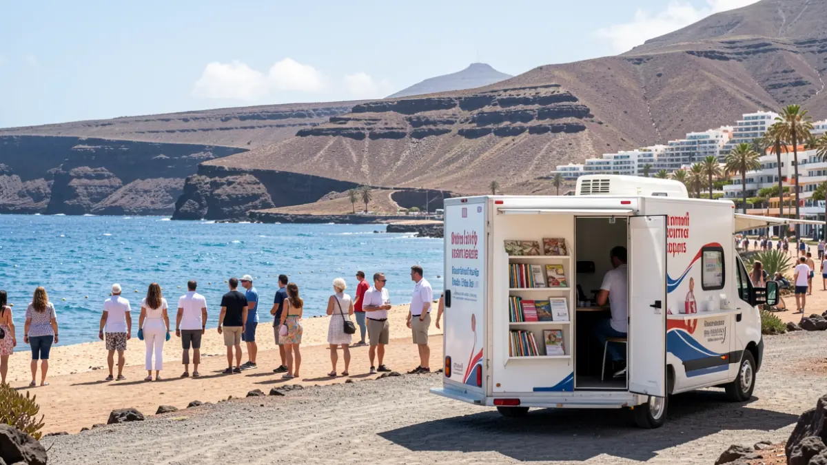 Unidad móvil de donación de sangre en la playa de Los Pozos, Puerto del Rosario, Fuerteventura.