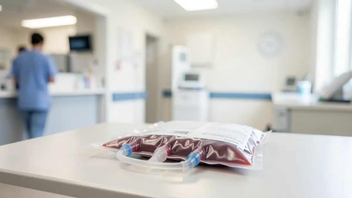 Generic image of a blood donation bag in a healthcare setting.
