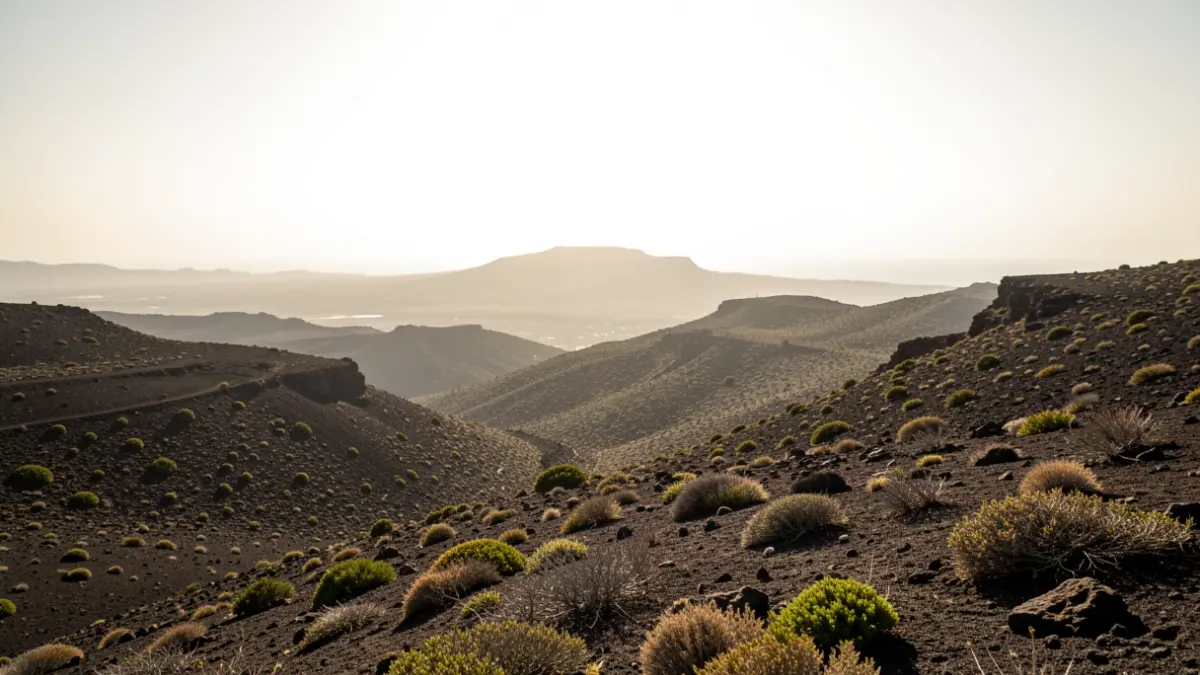 Paisaje volcánico de Canarias bajo un cielo caluroso y brumoso.