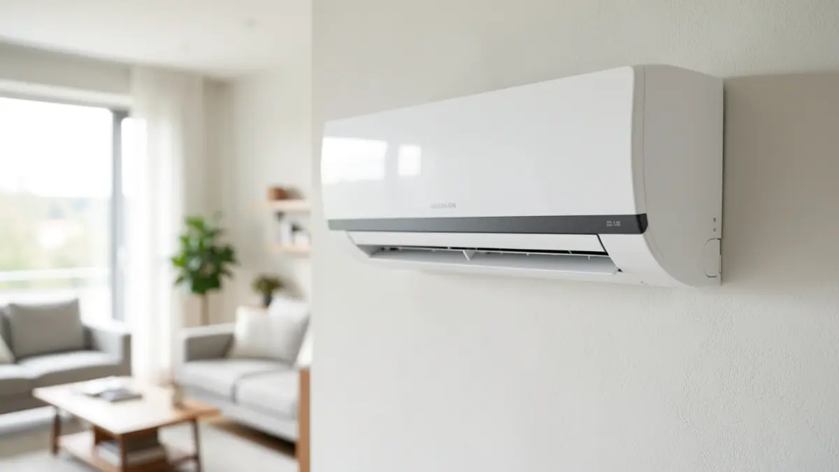 Image of a modern, high-efficiency air conditioning unit installed in a living room.