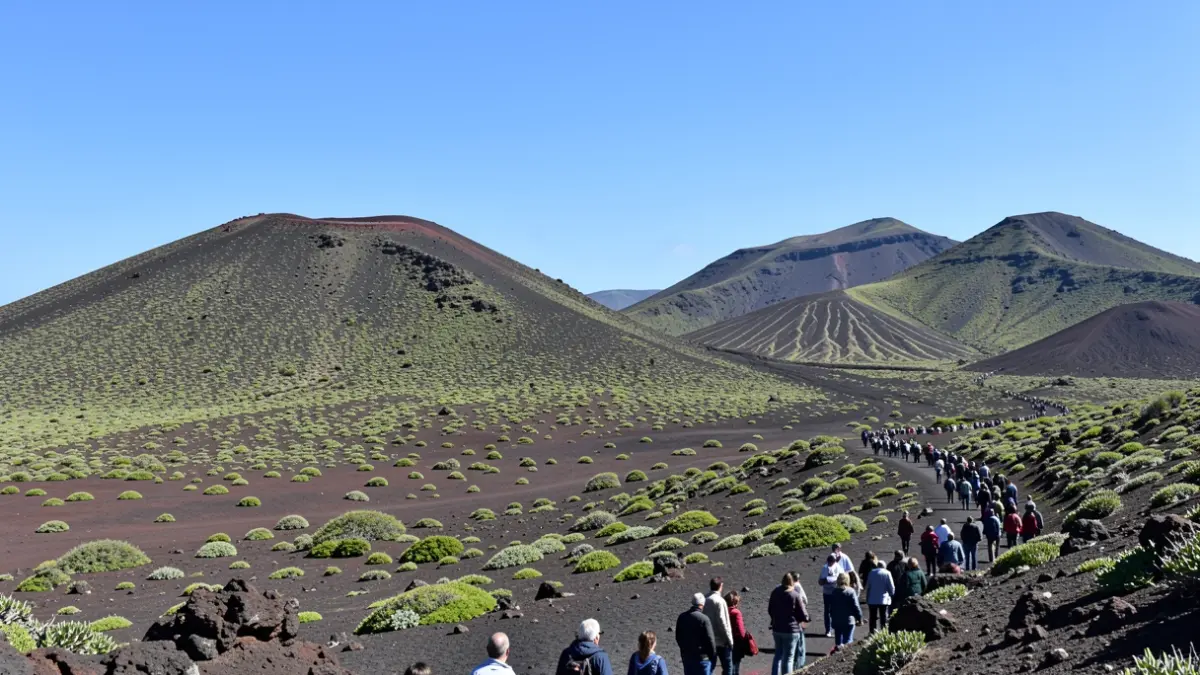 Generic Canarian volcanic landscape with sparse vegetation and blue sky.