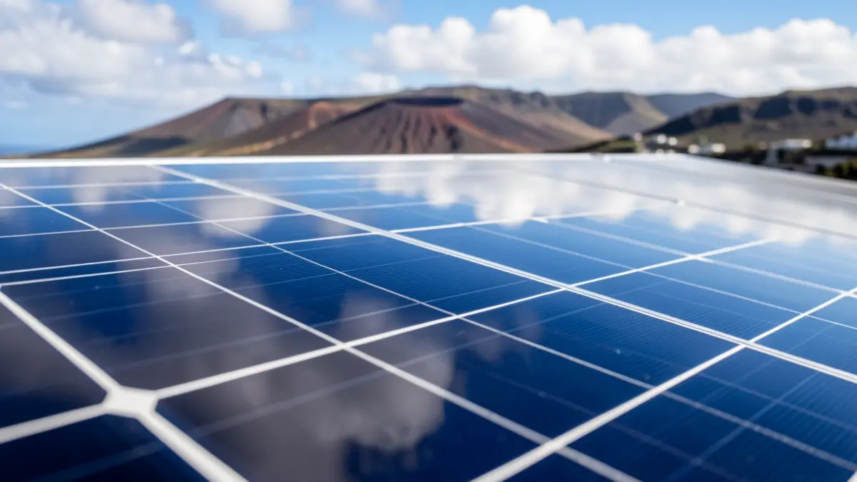 Close-up of a solar panel reflecting the blue sky and clouds, with a volcanic landscape in the background.