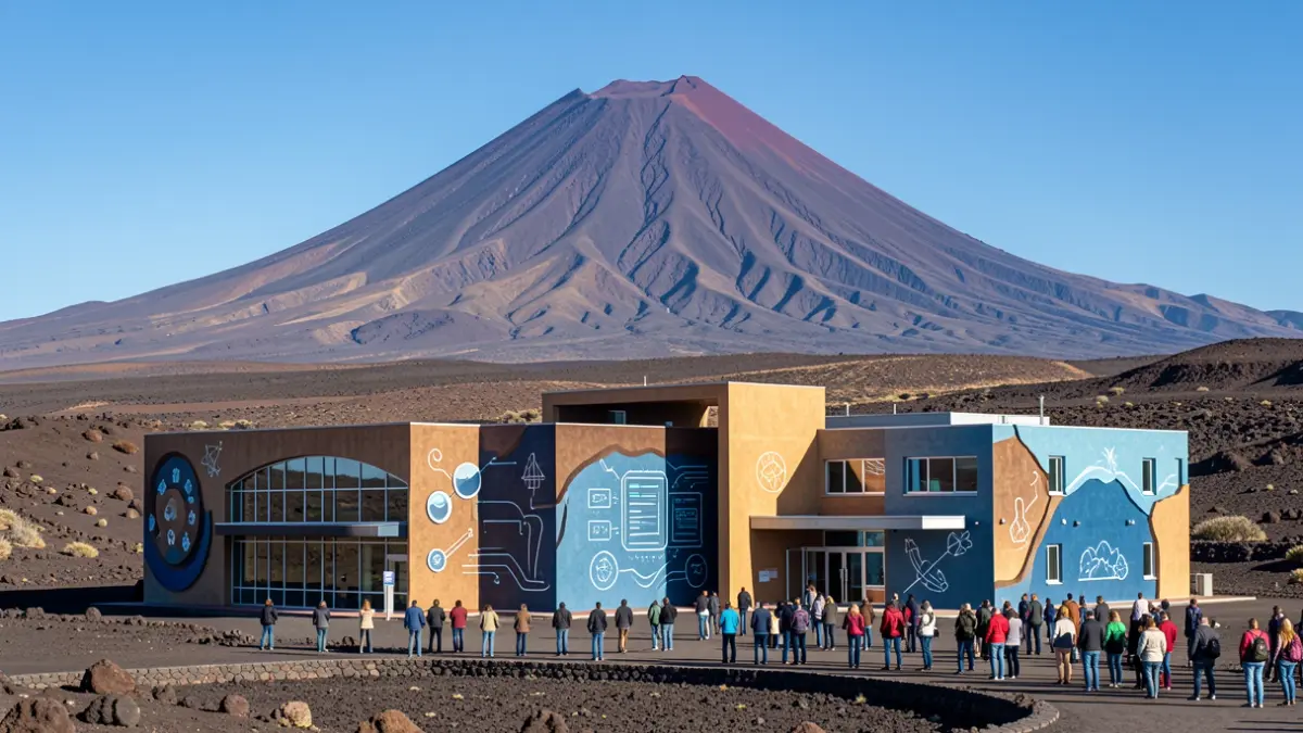 Generic image of a Canarian volcanic landscape with a stylized university building.