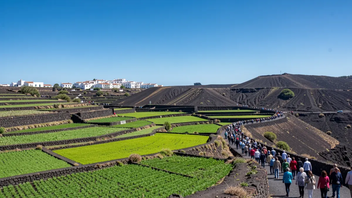 Canarian agricultural landscape with green terraces and traditional architecture.