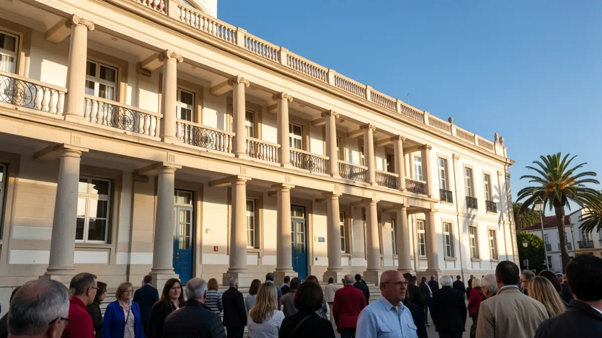 Facade of the Canary Islands Government building with columns and balconies.
