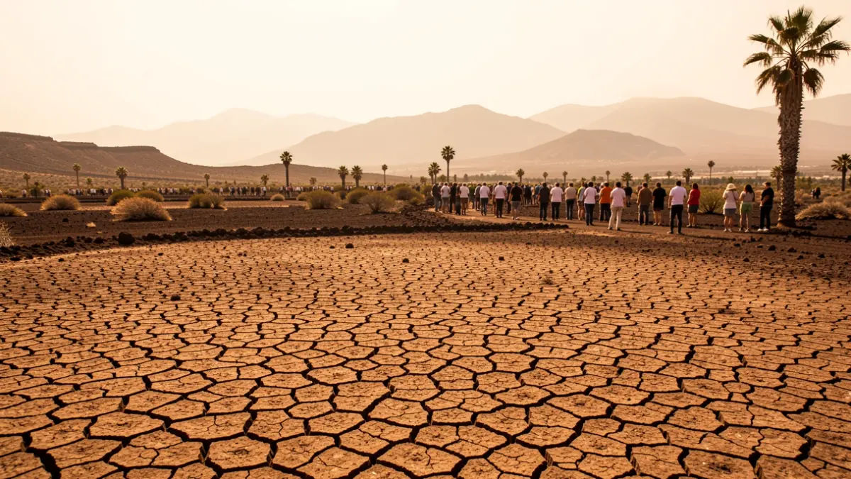Volcanic landscape of Gran Canaria with dry, cracked earth under a hazy sky.