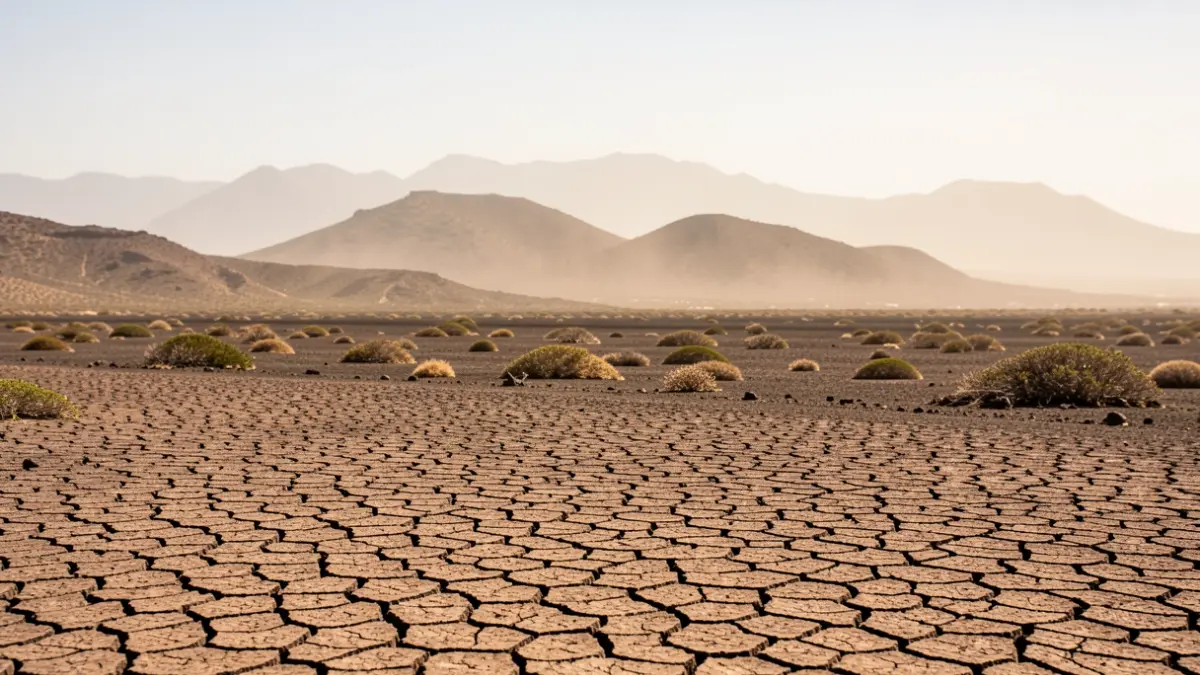 Canarian volcanic landscape with dry earth and sparse vegetation under a hazy, hot sky.