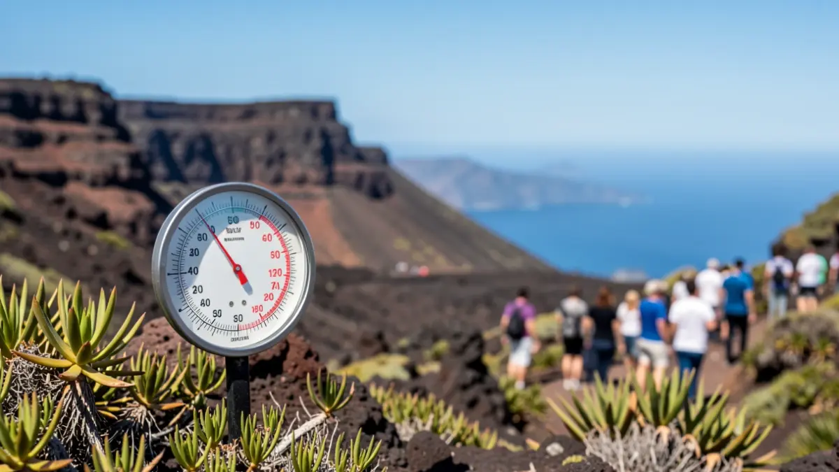 Thermometer showing high temperature in a Canary Islands volcanic landscape with vegetation and blue sky.