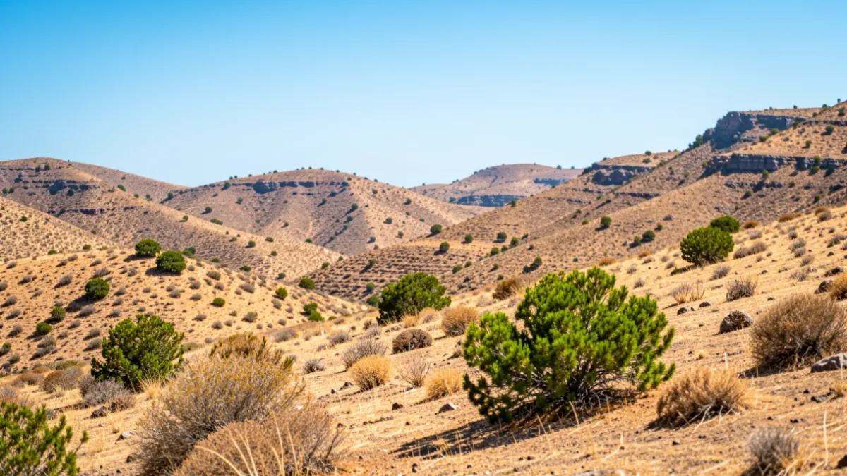 Paisaje canario seco y soleado con colinas y cielo azul claro.