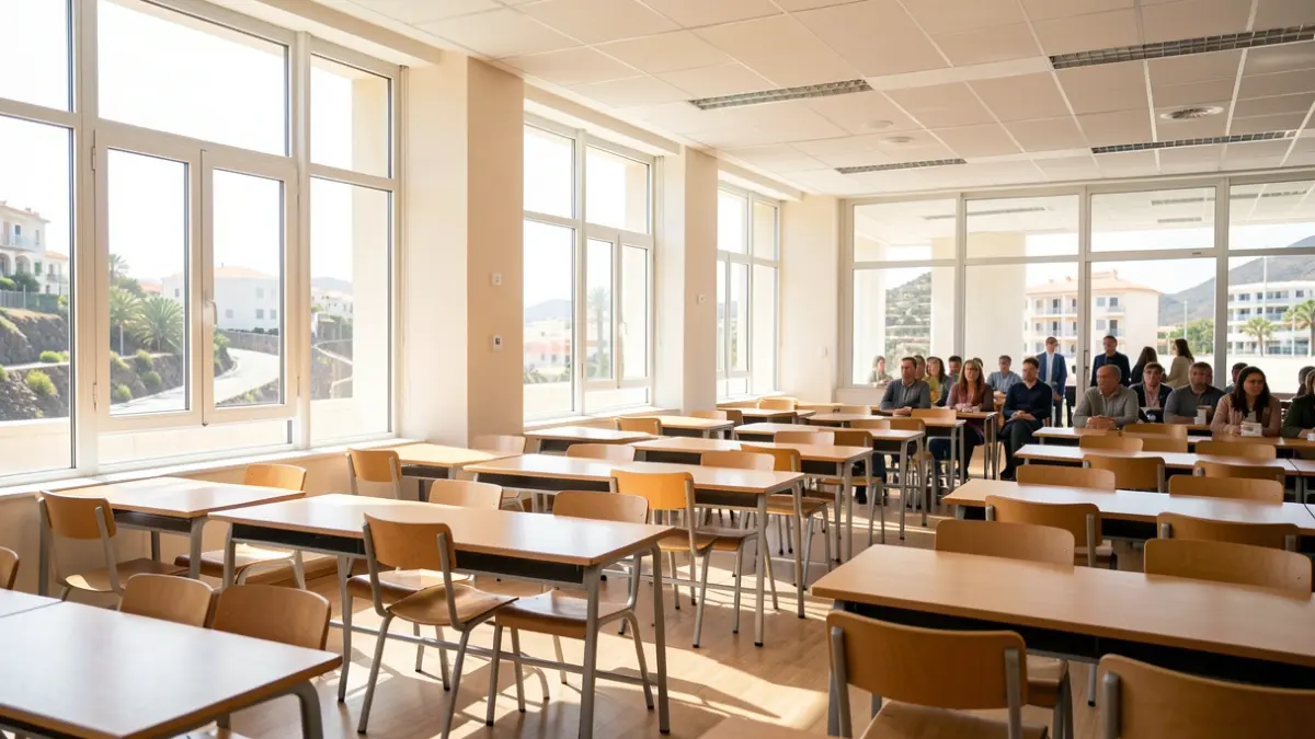 Aula escolar moderna con luz natural y mobiliario vacío.