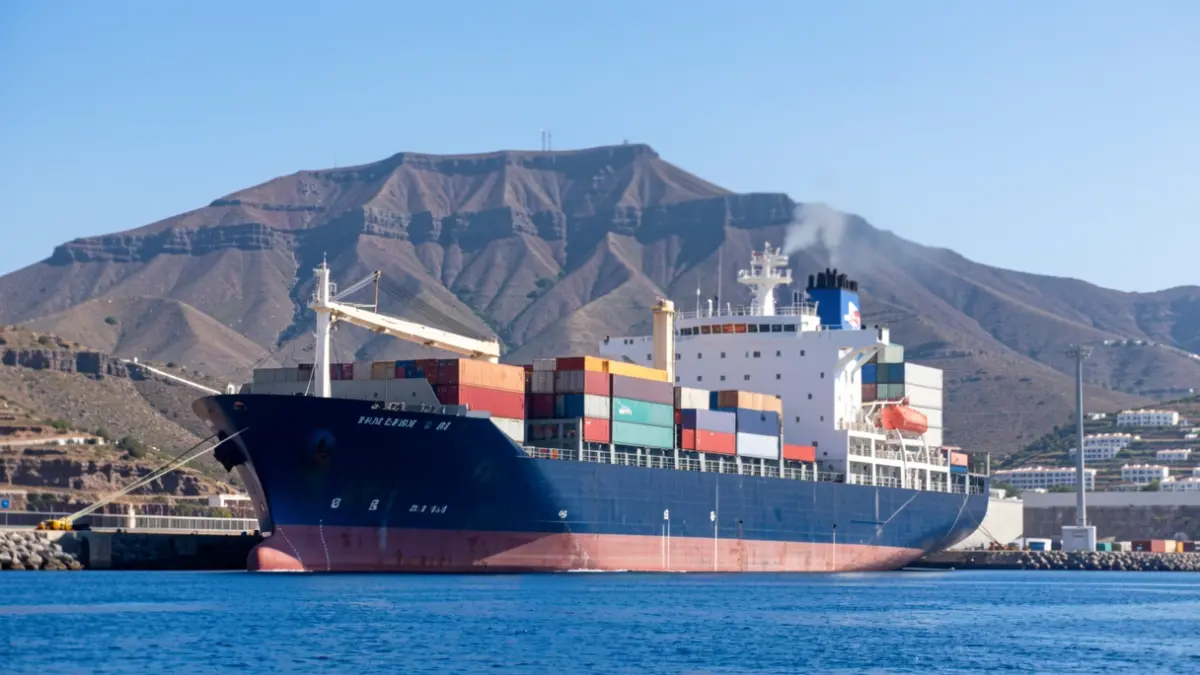Imagen genérica de un barco de carga en un puerto de Canarias con montañas volcánicas al fondo.
