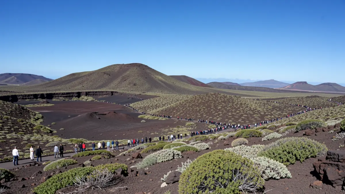 Generic Canary Islands landscape with volcanic terrain and sparse vegetation under a clear blue sky.