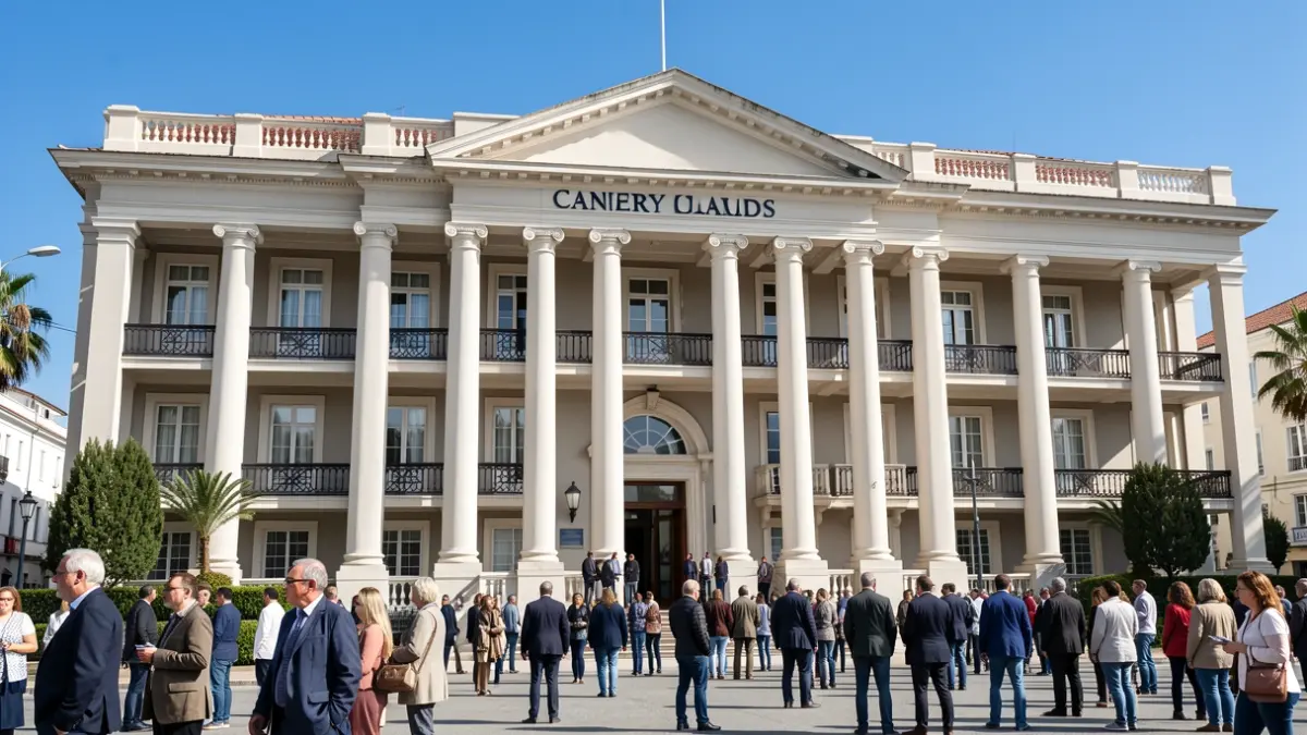 Fachada del edificio del Gobierno de Canarias con columnas y balcones.