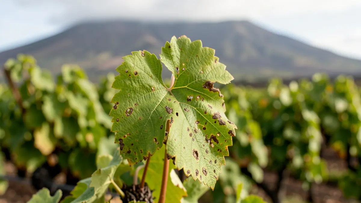 Close-up of a vine leaf with insect damage in a Canarian vineyard.