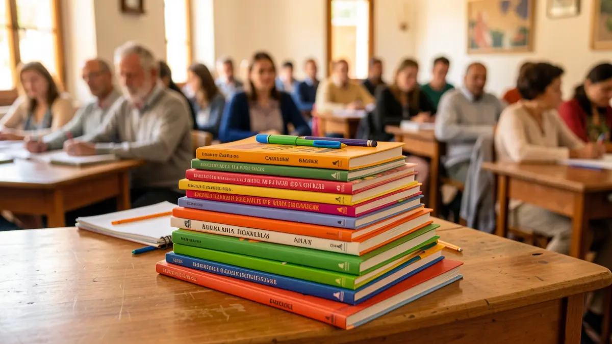 Libros de texto y material escolar sobre un escritorio en un aula de Canarias.