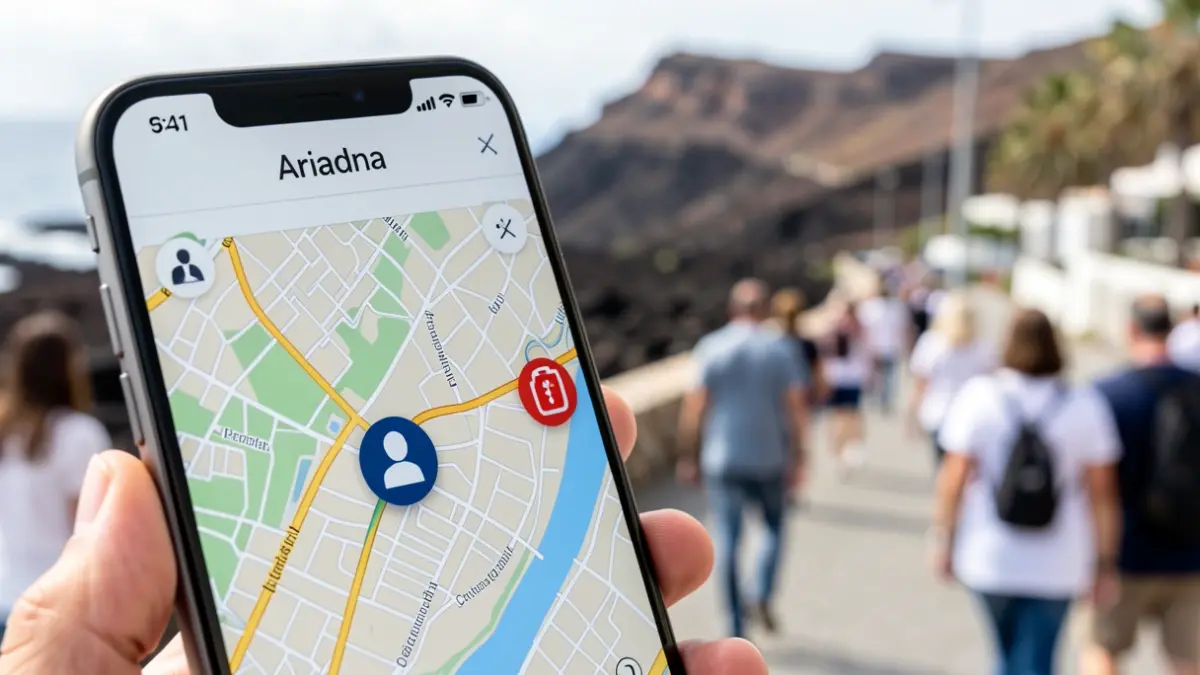 Imagen de la aplicación móvil Ariadna en un teléfono, mostrando un mapa con voluntarios y desfibriladores en Canarias.